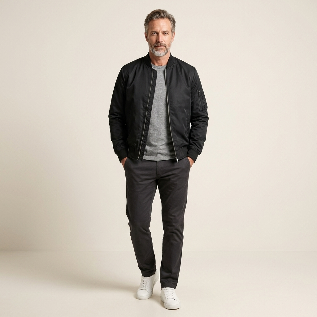 Men's lightweight black bomber jacket with full zip, ribbed cuffs, and stand collar