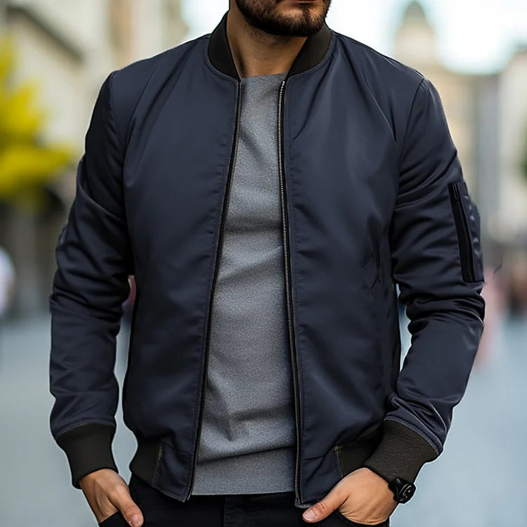 Men's lightweight bomber jacket in navy blue, full-zip front, ribbed cuffs and hem