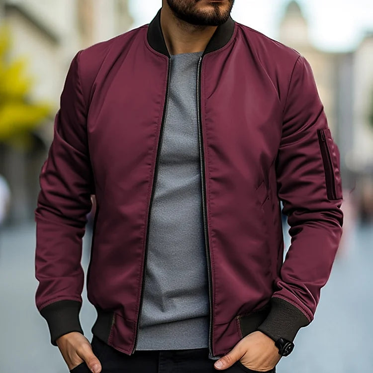 Men's lightweight bomber jacket in burgundy, full-zip front, ribbed cuffs and hem