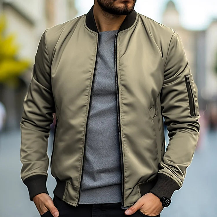 Men's lightweight bomber jacket in khaki, full-zip front, ribbed cuffs and hem