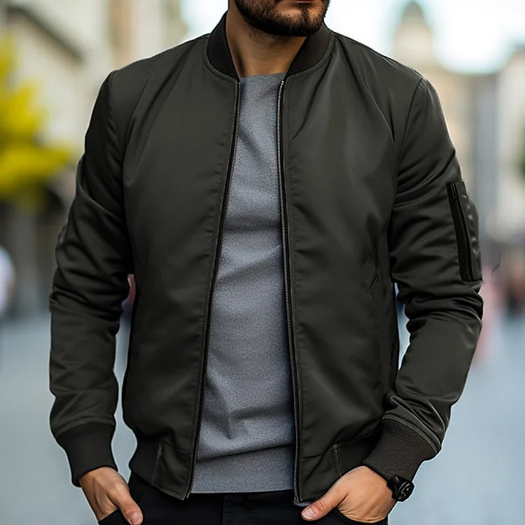 Men's lightweight bomber jacket in dark green, full-zip front, ribbed cuffs and hem