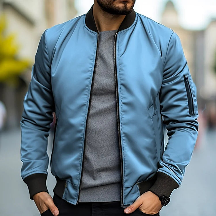 Men's lightweight bomber jacket in light blue, full-zip front, ribbed cuffs and hem