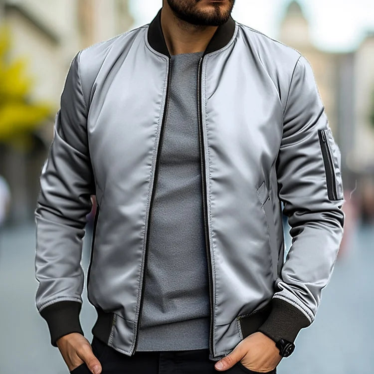 Men's lightweight bomber jacket in light gray, full-zip front, ribbed cuffs and hem