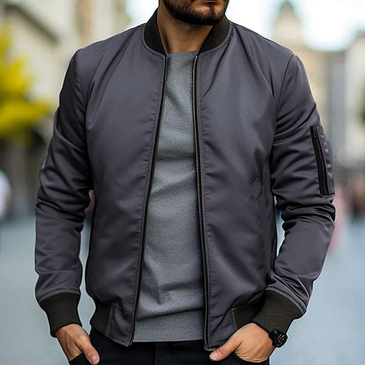 Men's lightweight bomber jacket in dark gray, full-zip front, ribbed cuffs and hem