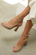 Women’s peep-toe heeled sandals with ankle strap, tan strappy design