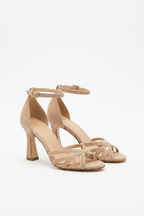 Women’s peep-toe heeled sandals with ankle strap and block heel, tan