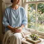 Light blue embroidered peasant blouse with ruffled round neck and button front, 3/4 sleeves