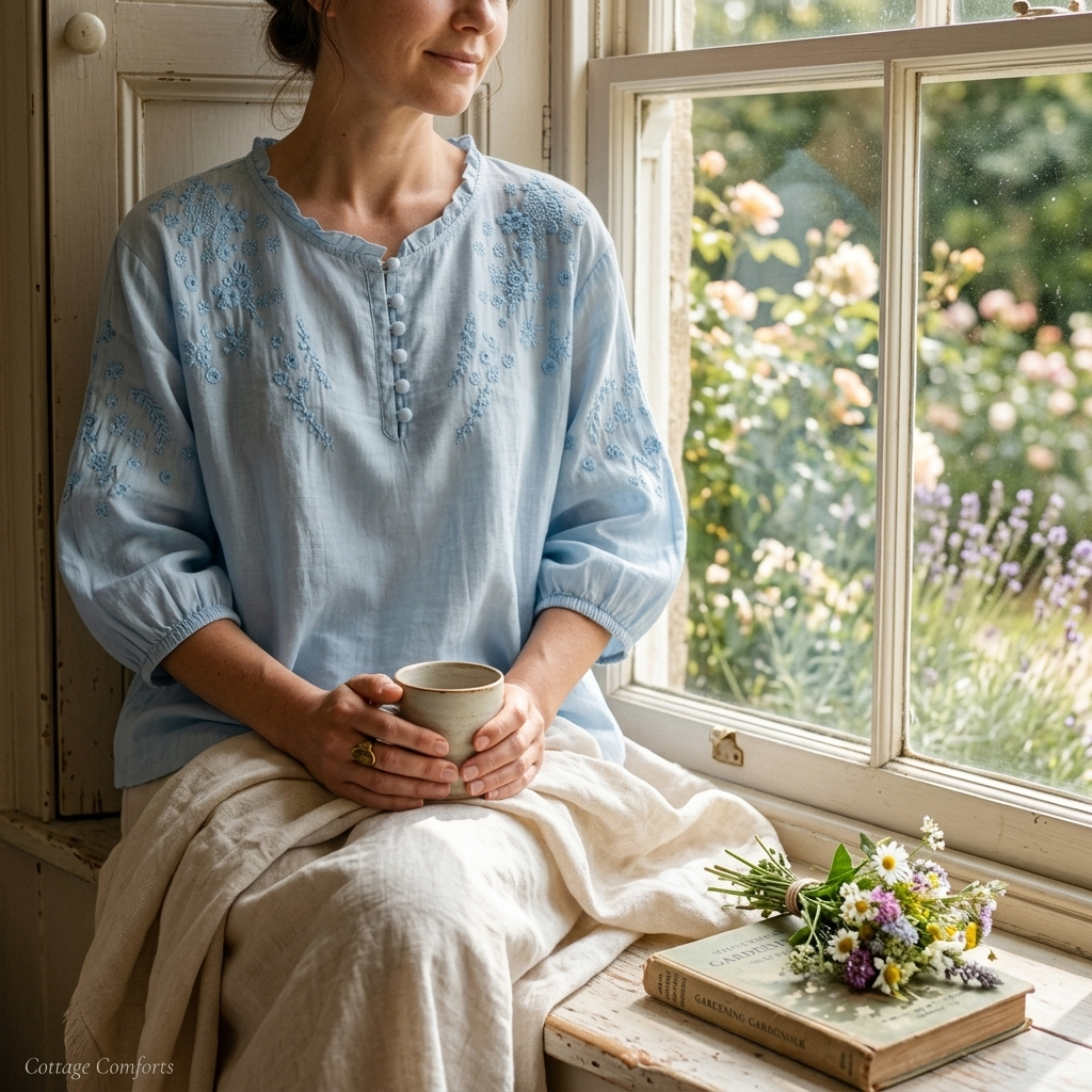 Light blue embroidered peasant blouse with ruffled round neck and button front, 3/4 sleeves