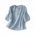 Light blue embroidered peasant cotton blouse, round neck with button placket, puff 3/4 sleeves