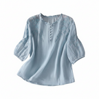 Light blue embroidered peasant cotton blouse, round neck with button placket, puff 3/4 sleeves
