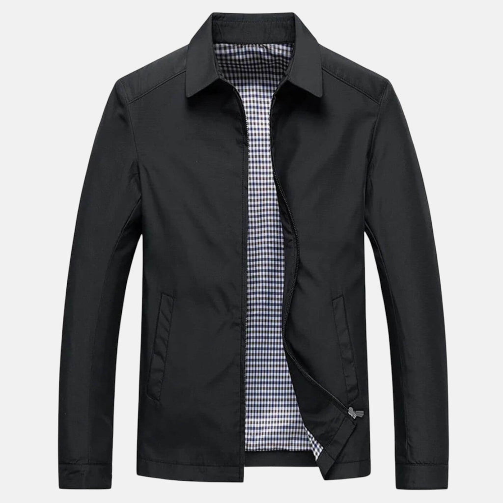 Bruno™ jacket in black with checked lining, stand collar, and zip front