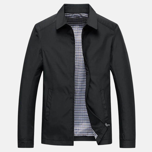 Bruno™ jacket in black with checked lining, stand collar, and zip front