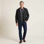 Mens black jacket with stand collar, long sleeves, and front zipper