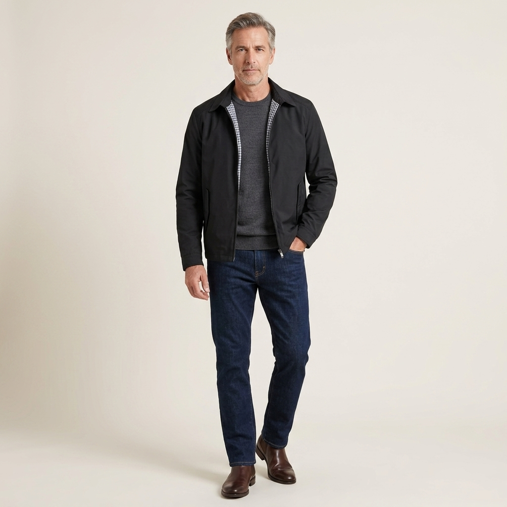 Mens black jacket with stand collar, long sleeves, and front zipper