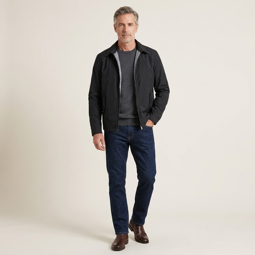 Mens black jacket with stand collar, long sleeves, and front zipper