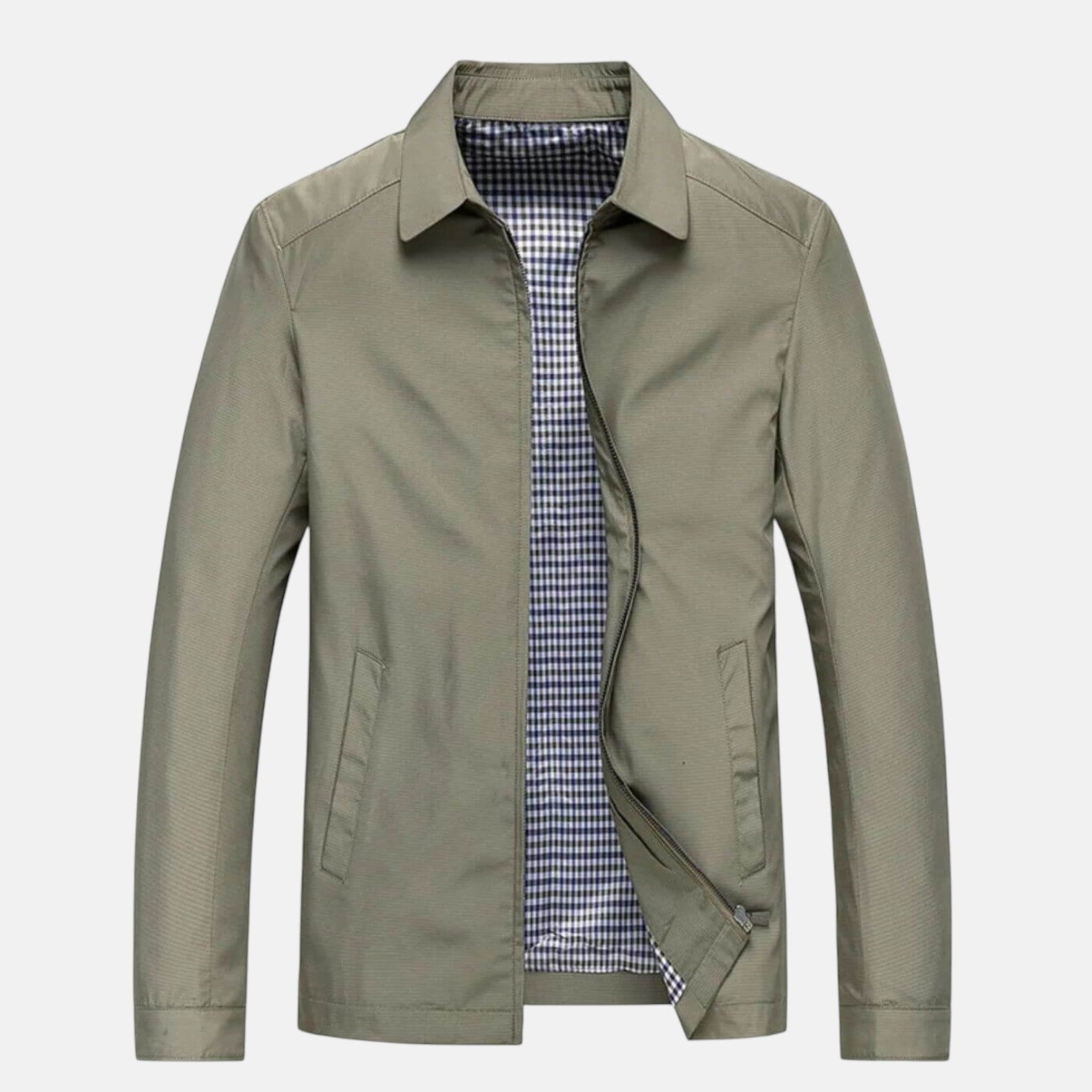 Bruno™ jacket in beige with checked lining, stand collar, and zip front