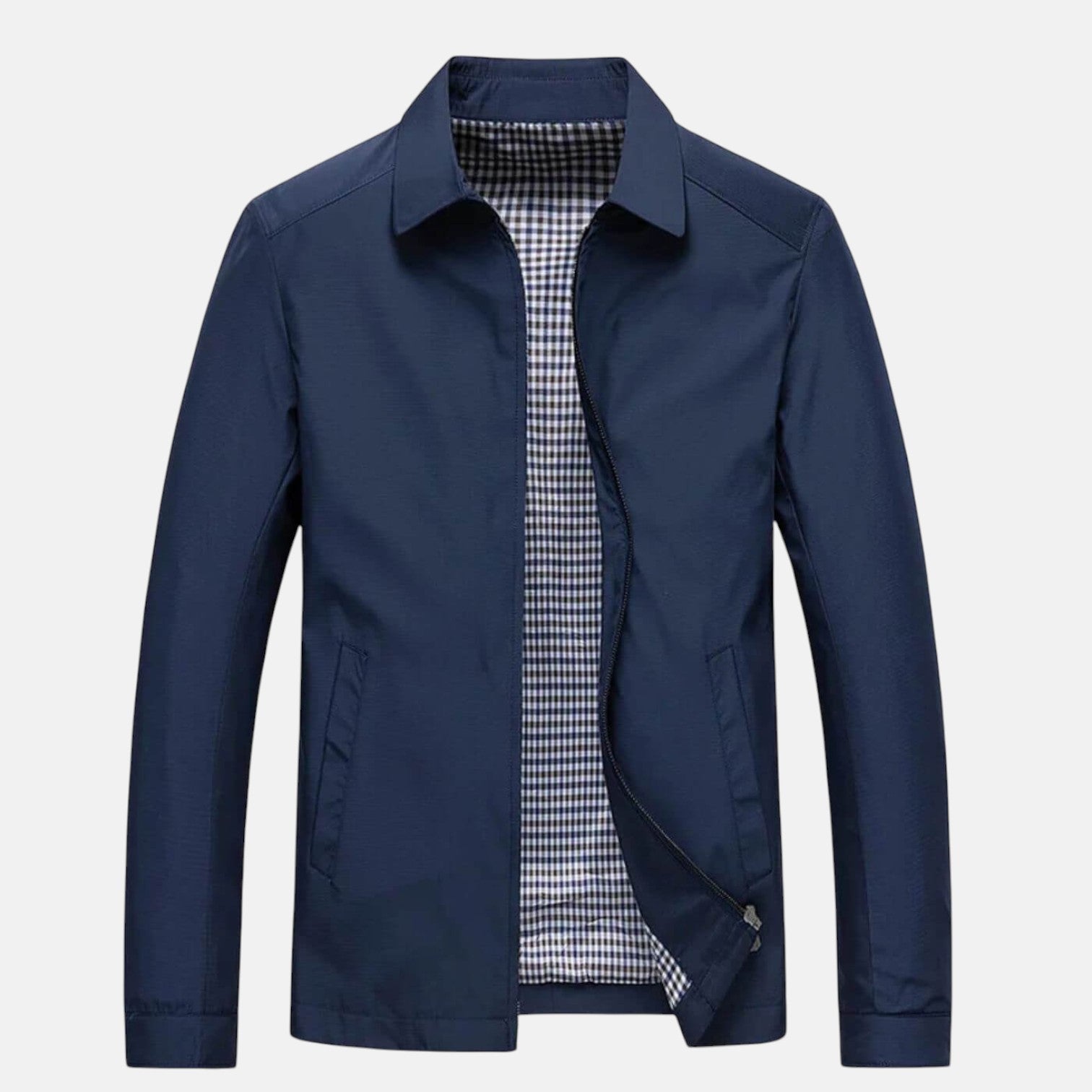 Bruno™ jacket in blue with checked lining, stand collar, and zip front