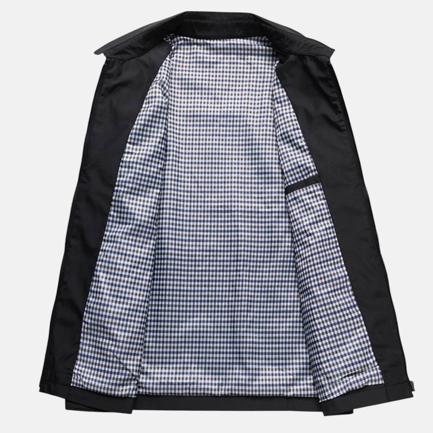 Black jacket interior with checked lining and folded stand collar