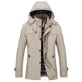 Beige hooded field coat with plaid-lined hood, snap-button front, flap pockets.