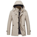 Beige hooded field coat with plaid-lined hood, snap-button front, flap pockets.