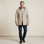 Beige hooded field coat with flap pockets and button front
