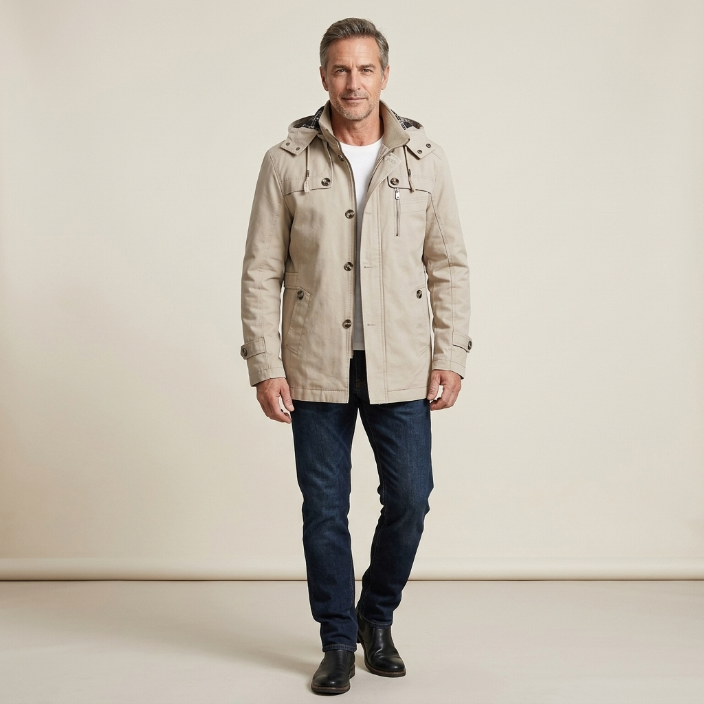 Beige hooded field coat with flap pockets and button front