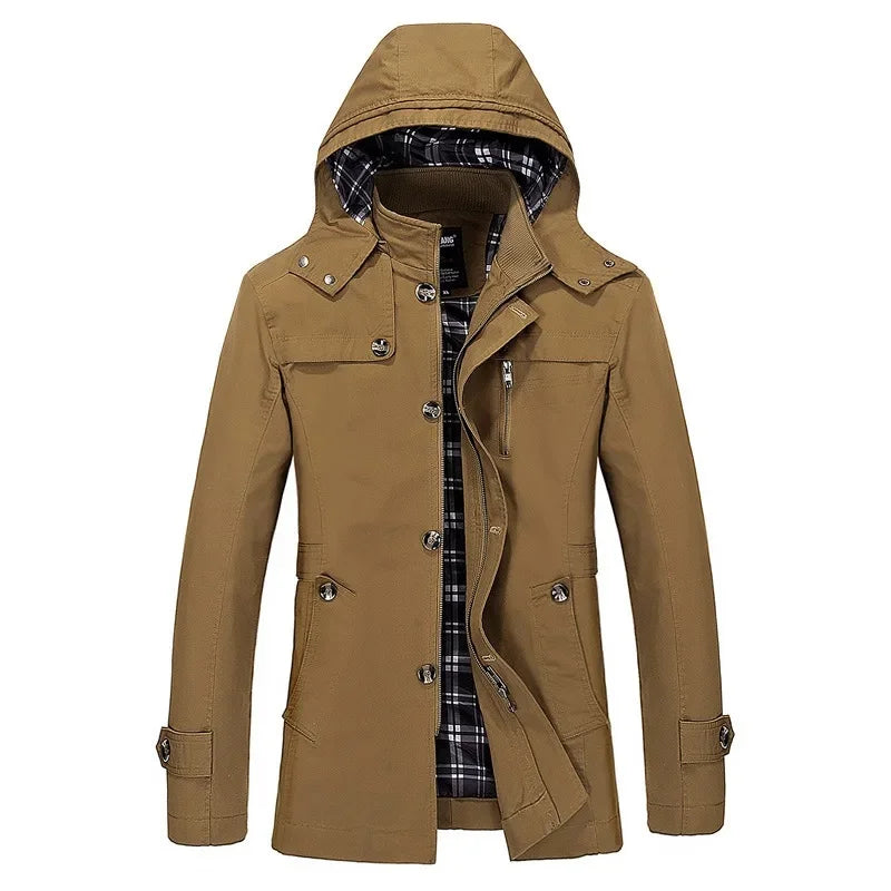 Brown hooded field coat with plaid-lined hood, snap-button front, flap chest pockets.