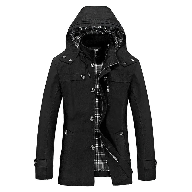 Black hooded field coat with plaid-lined hood, snap-button front, flap pockets.