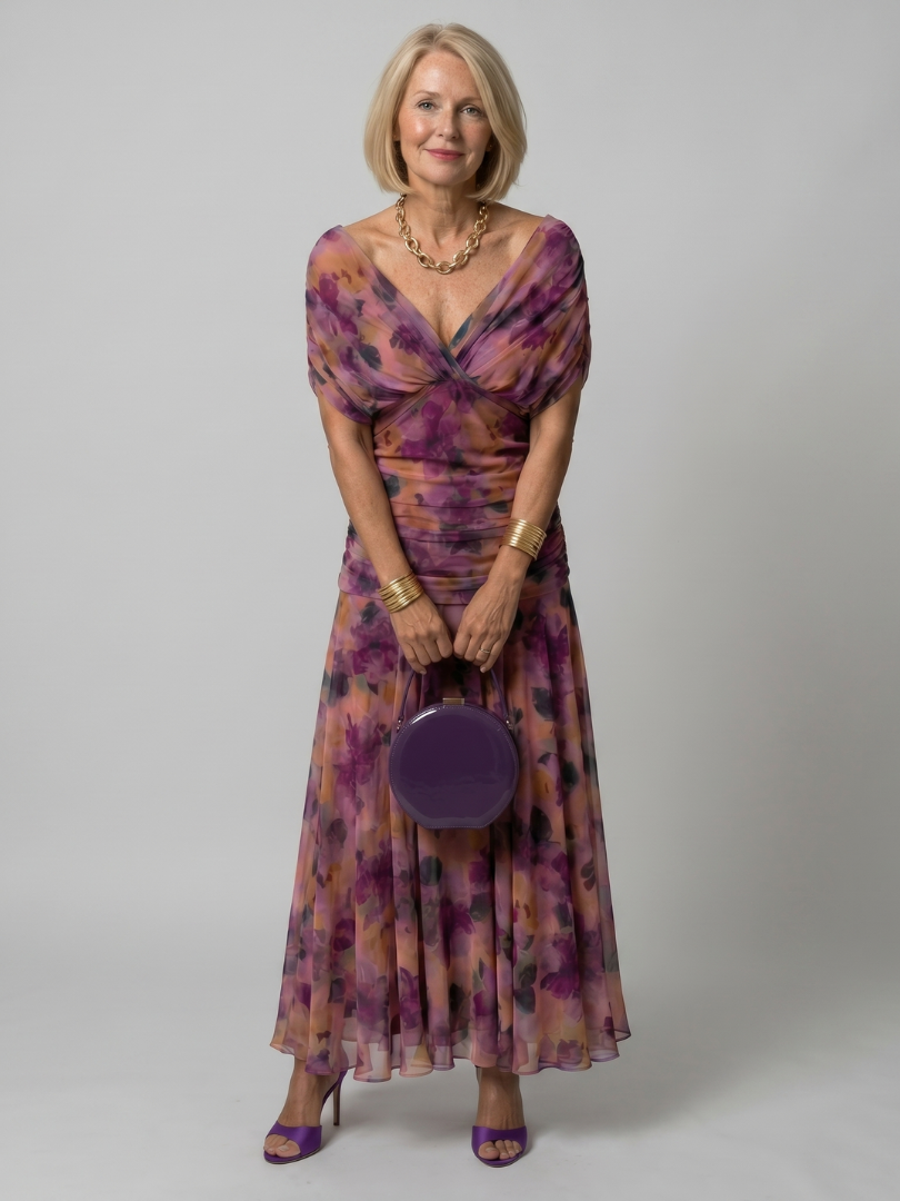 Purple floral midi dress with ruched V-neck bodice and flowing flared skirt