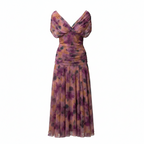 Off-shoulder midi dress with purple floral print, draped bodice, and flared skirt