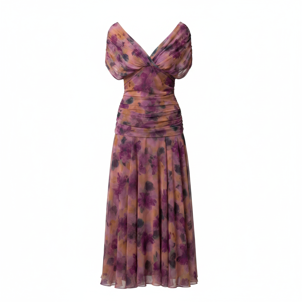 Off-shoulder midi dress with purple floral print, draped bodice, and flared skirt