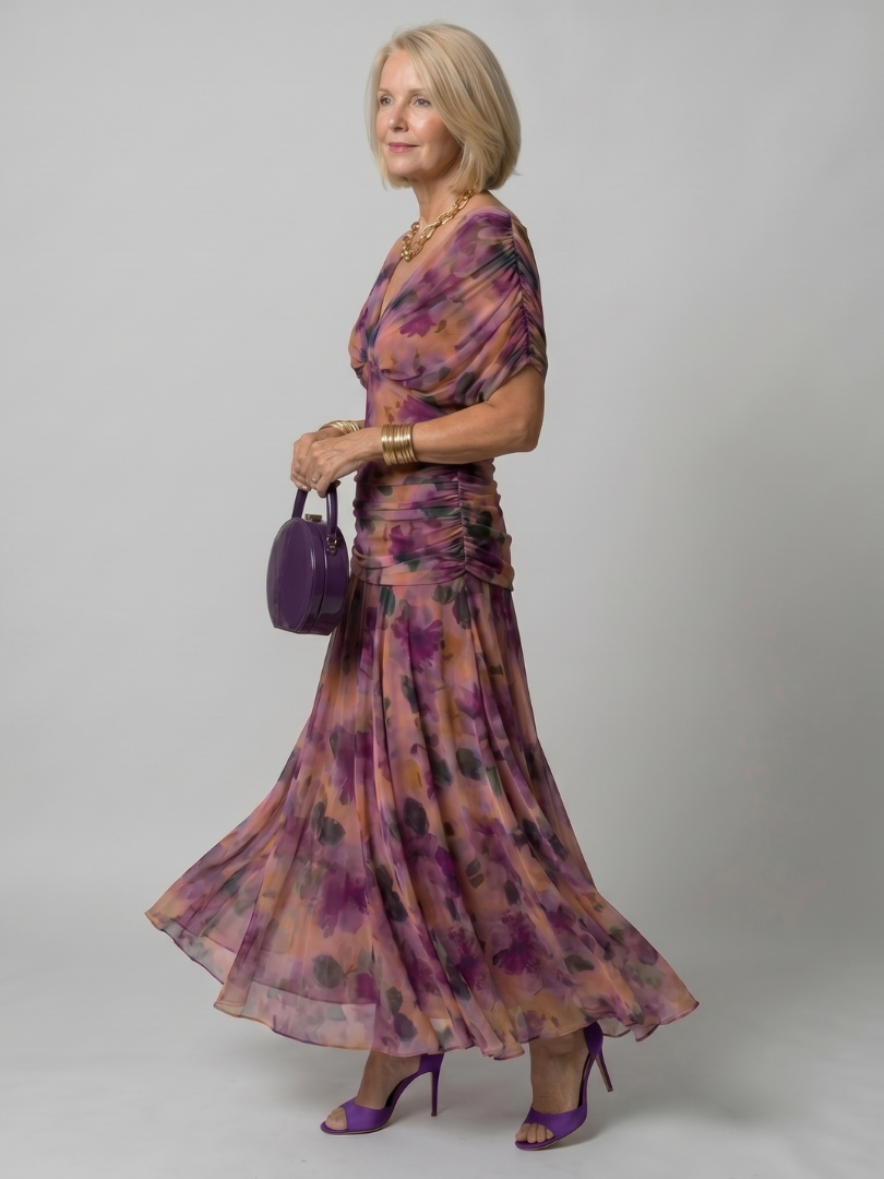 Off-shoulder purple floral midi dress with draped neckline and flared skirt