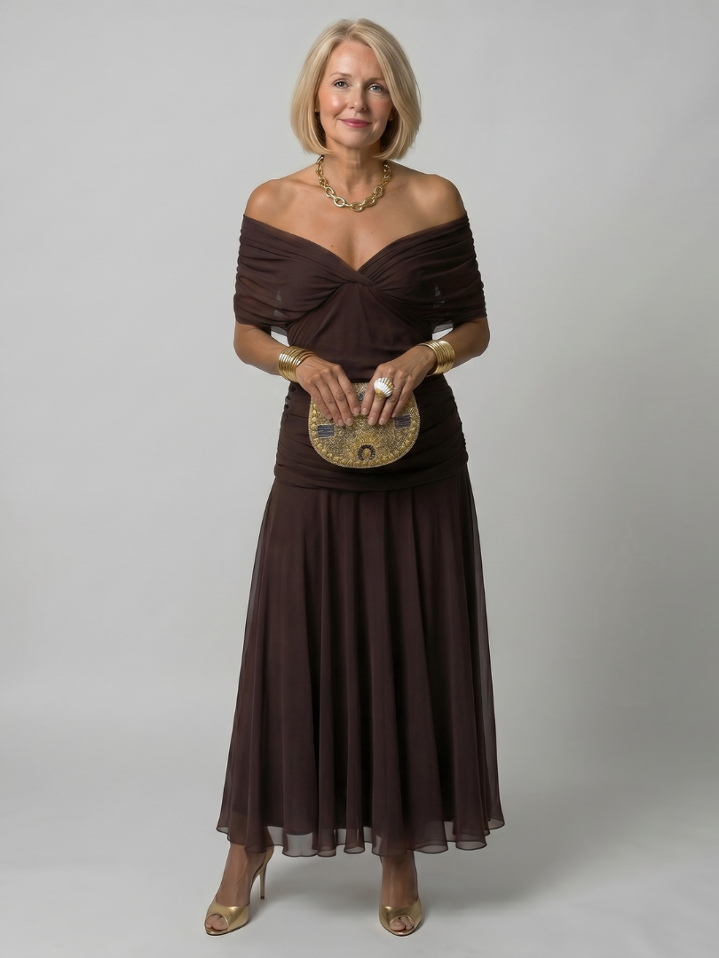 Off-shoulder brown midi dress with twisted drape neckline and gathered waist