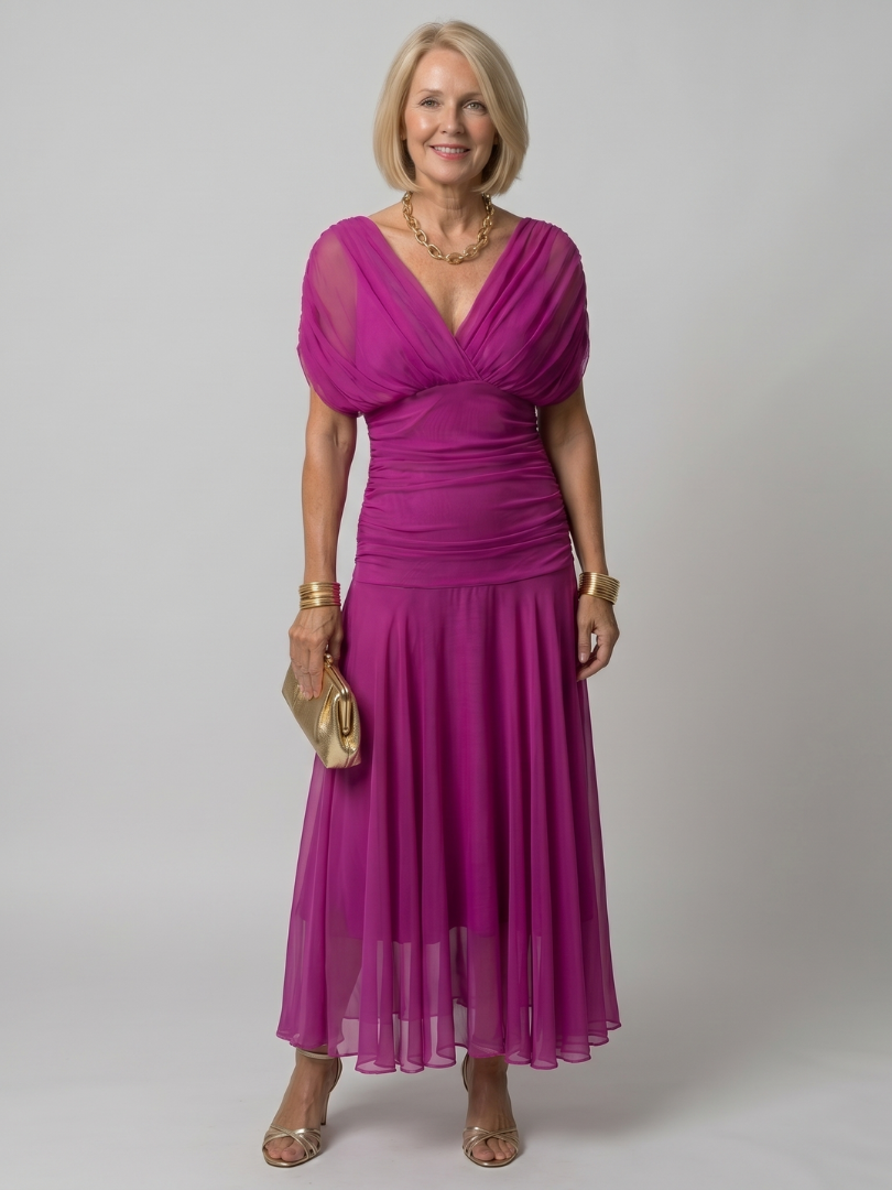 Off-shoulder magenta midi dress with ruched draped neckline and flared skirt