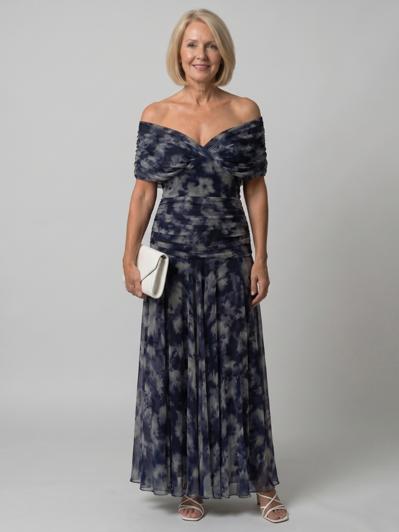 Off-shoulder midi dress in dark blue tie-dye with draped bodice and flared skirt