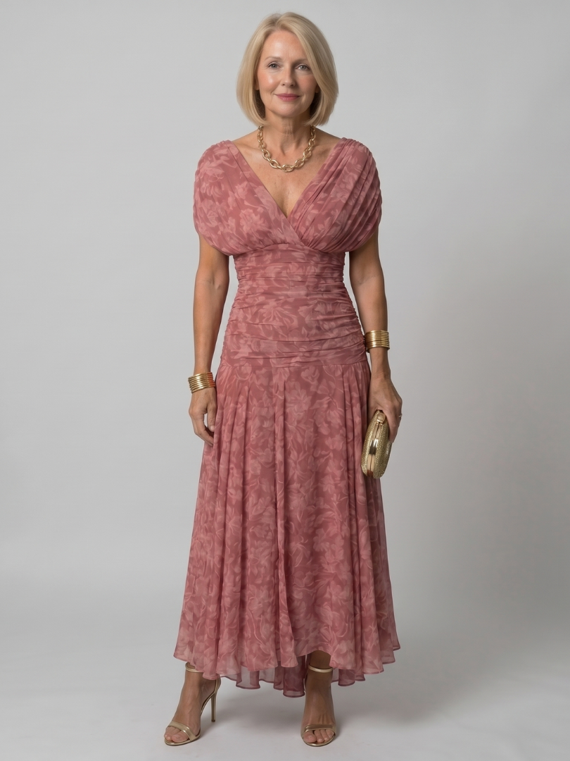 Rose pink midi dress with ruched V-neck bodice and flared tiered skirt