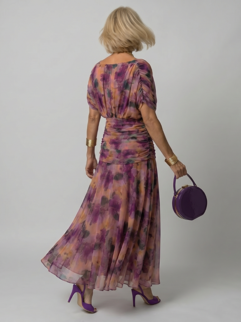 Off-shoulder purple floral midi dress with back drape and flared skirt
