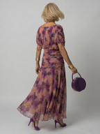Off-shoulder purple floral midi dress with back drape and flared skirt