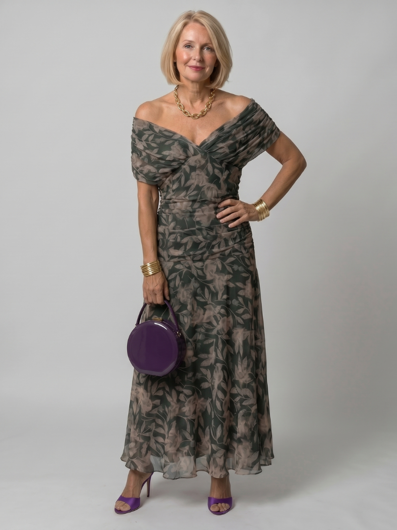 Off-shoulder dark green floral midi dress with draped neckline and tiered skirt