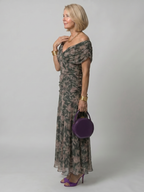 Off-shoulder dark green floral midi dress with ruched bodice and flared hem