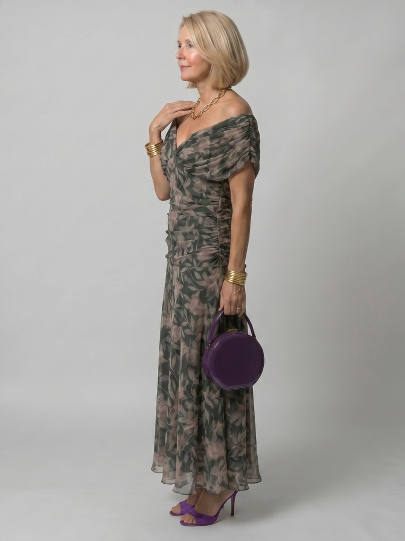 Off-shoulder dark green floral midi dress with ruched bodice and flared hem
