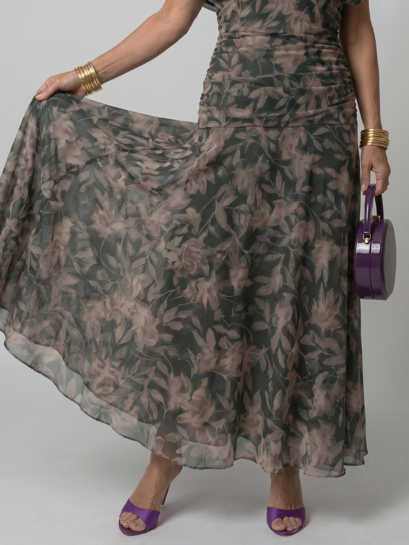 Off-shoulder dark green floral midi dress skirt with airy layered flare