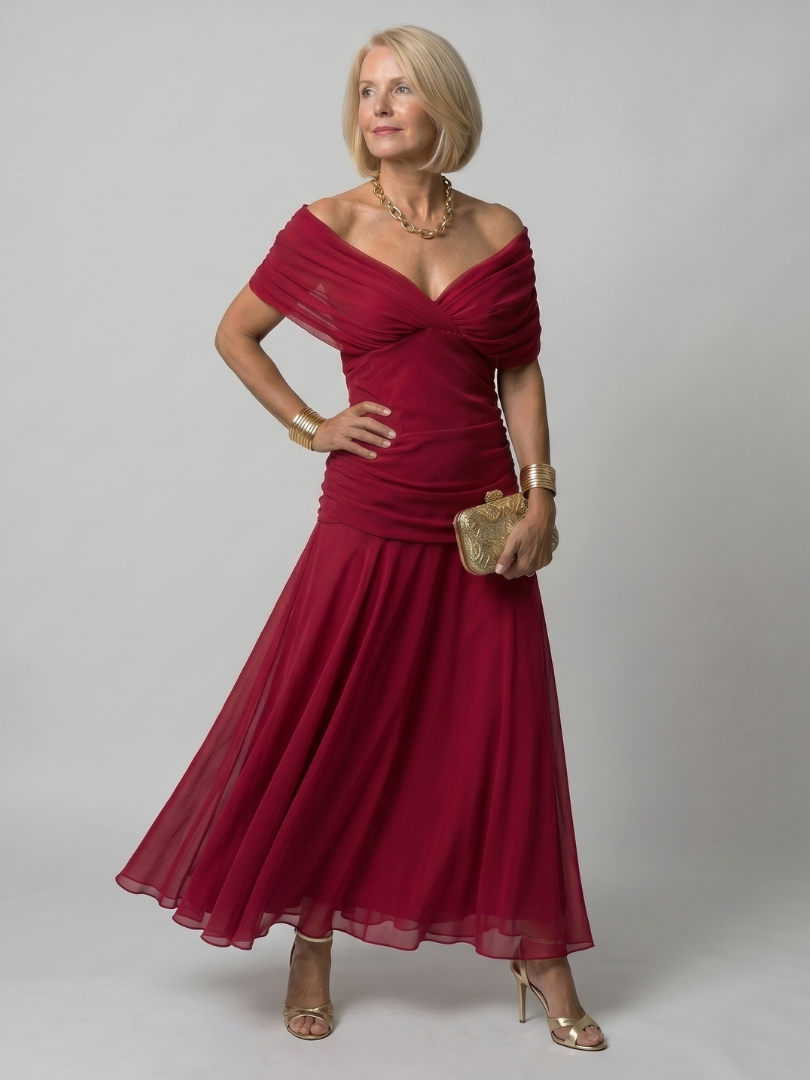 Off-shoulder red midi dress with ruched draped neckline and flared chiffon hem