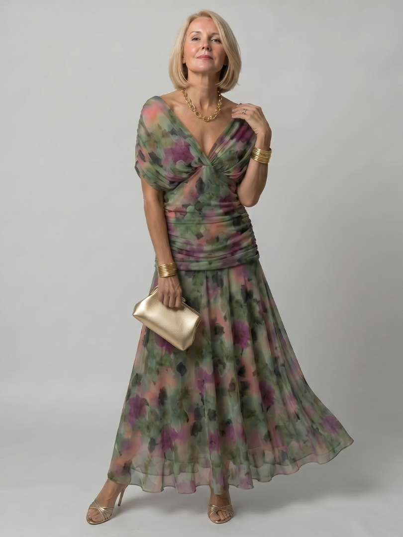Off-shoulder multicolor tie-dye midi dress with draped neckline and flared skirt