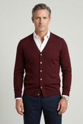 Men's V-neck button-front cardigan in burgundy, long sleeves and ribbed cuffs