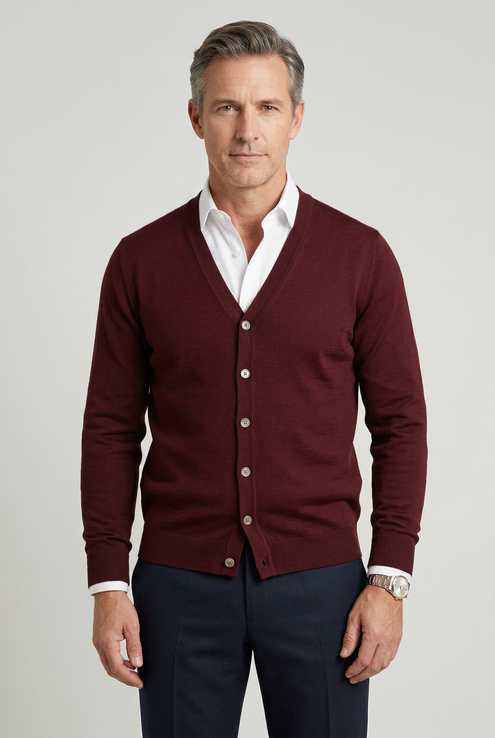 Men's V-neck button-front cardigan in burgundy, long sleeves and ribbed cuffs