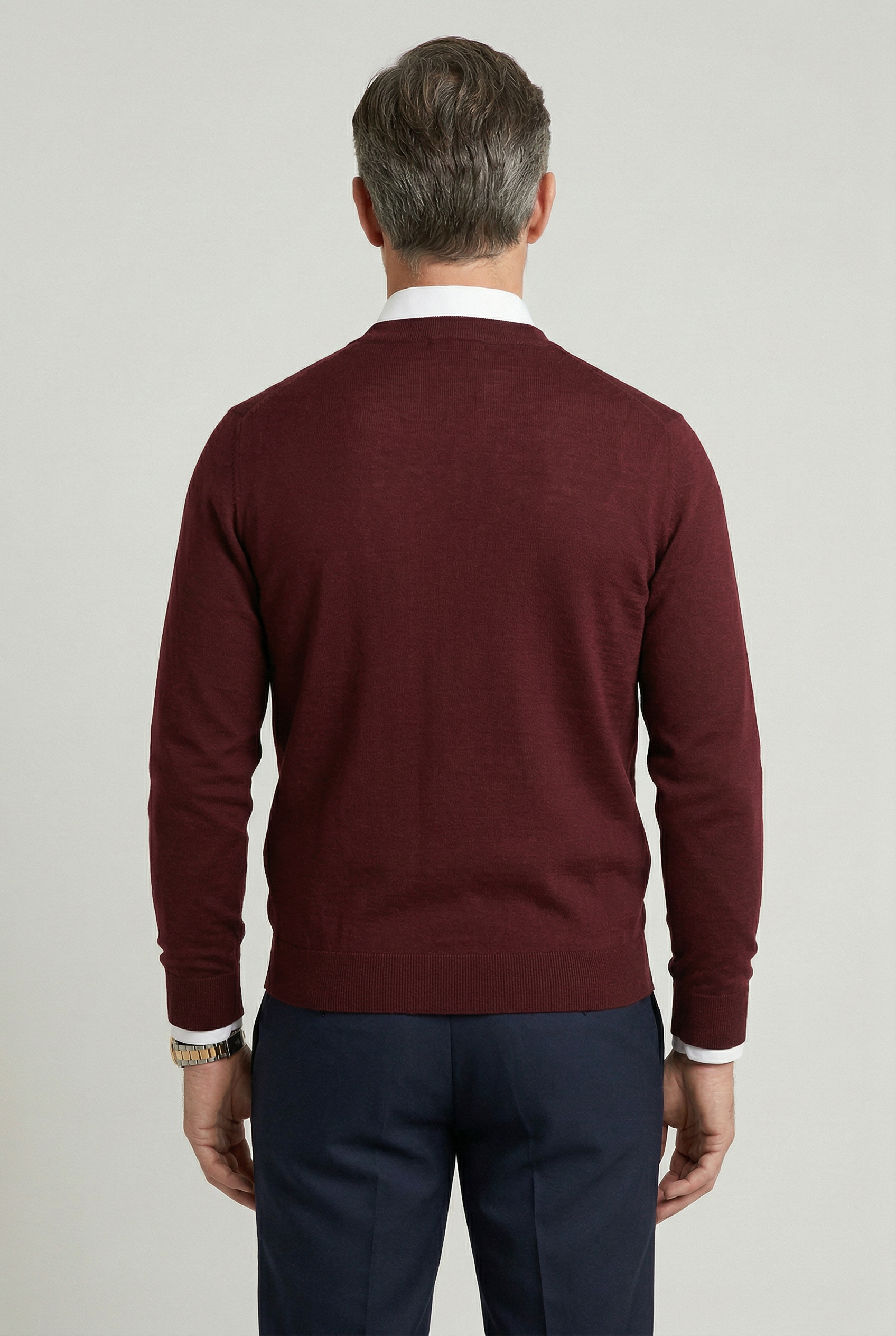 Men's V-neck button-front cardigan in burgundy, back view, long sleeves