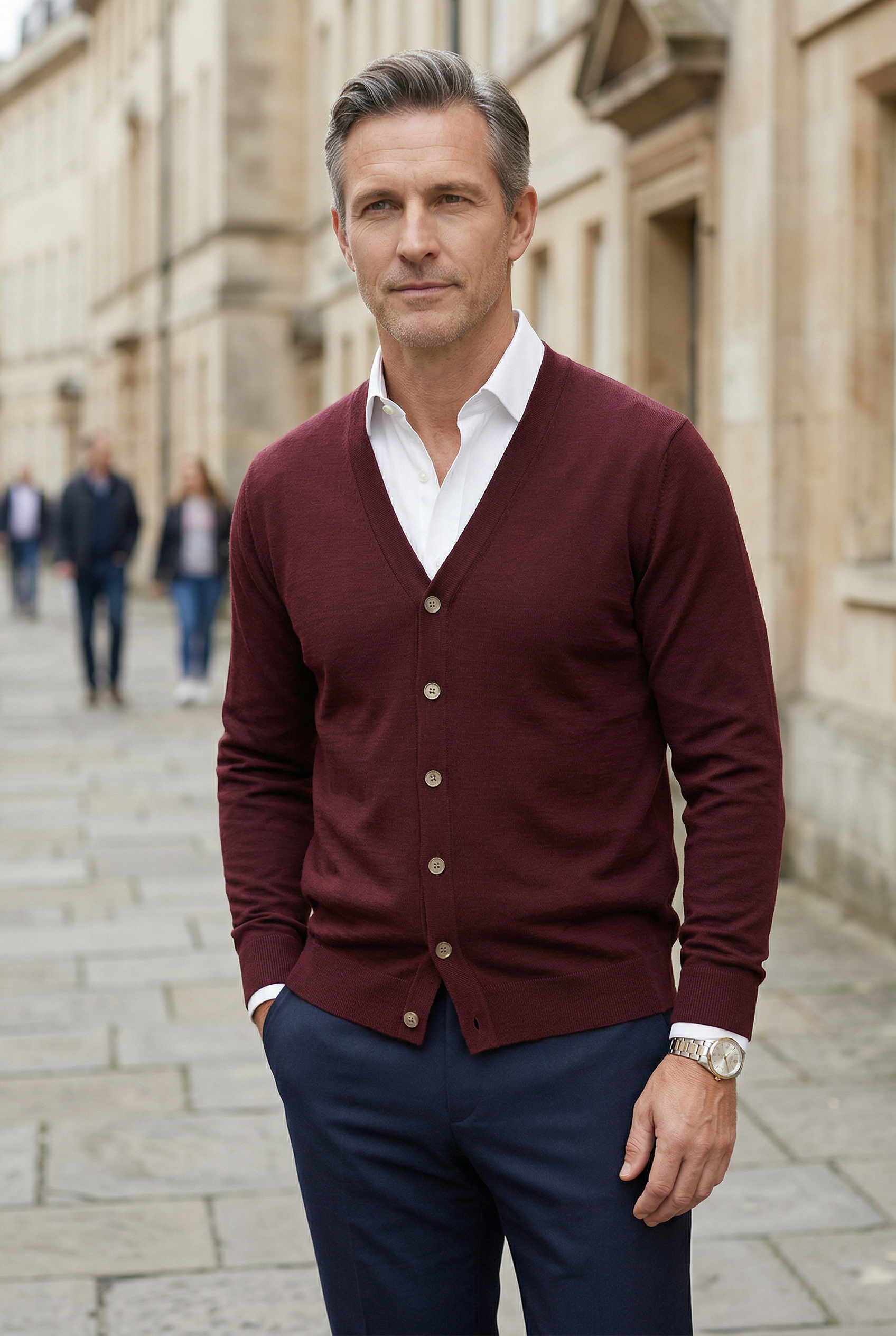 Men's V-neck button-front cardigan in burgundy, long sleeves and side hem