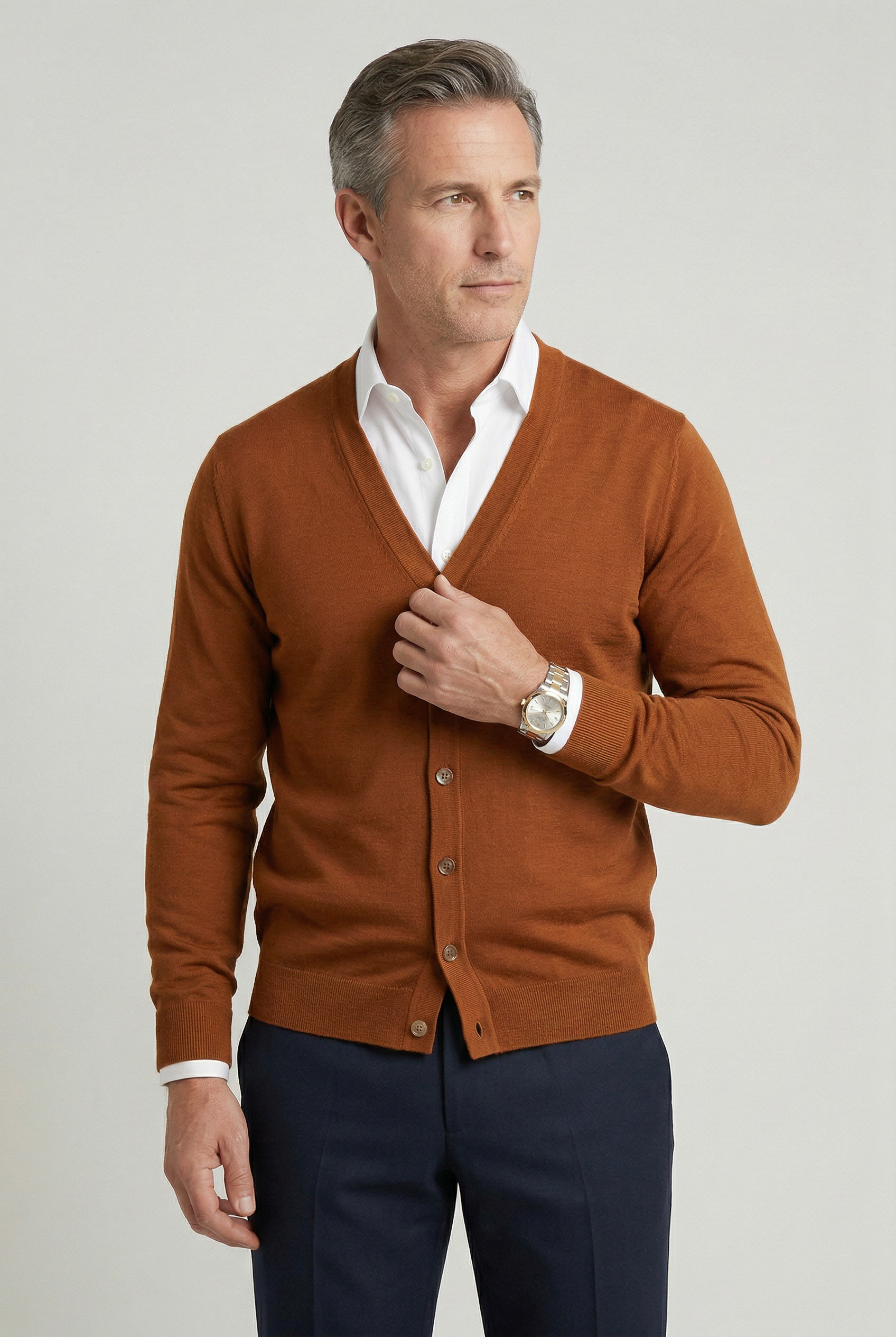 Men's V-neck button-front cardigan in brown, long sleeves and button placket