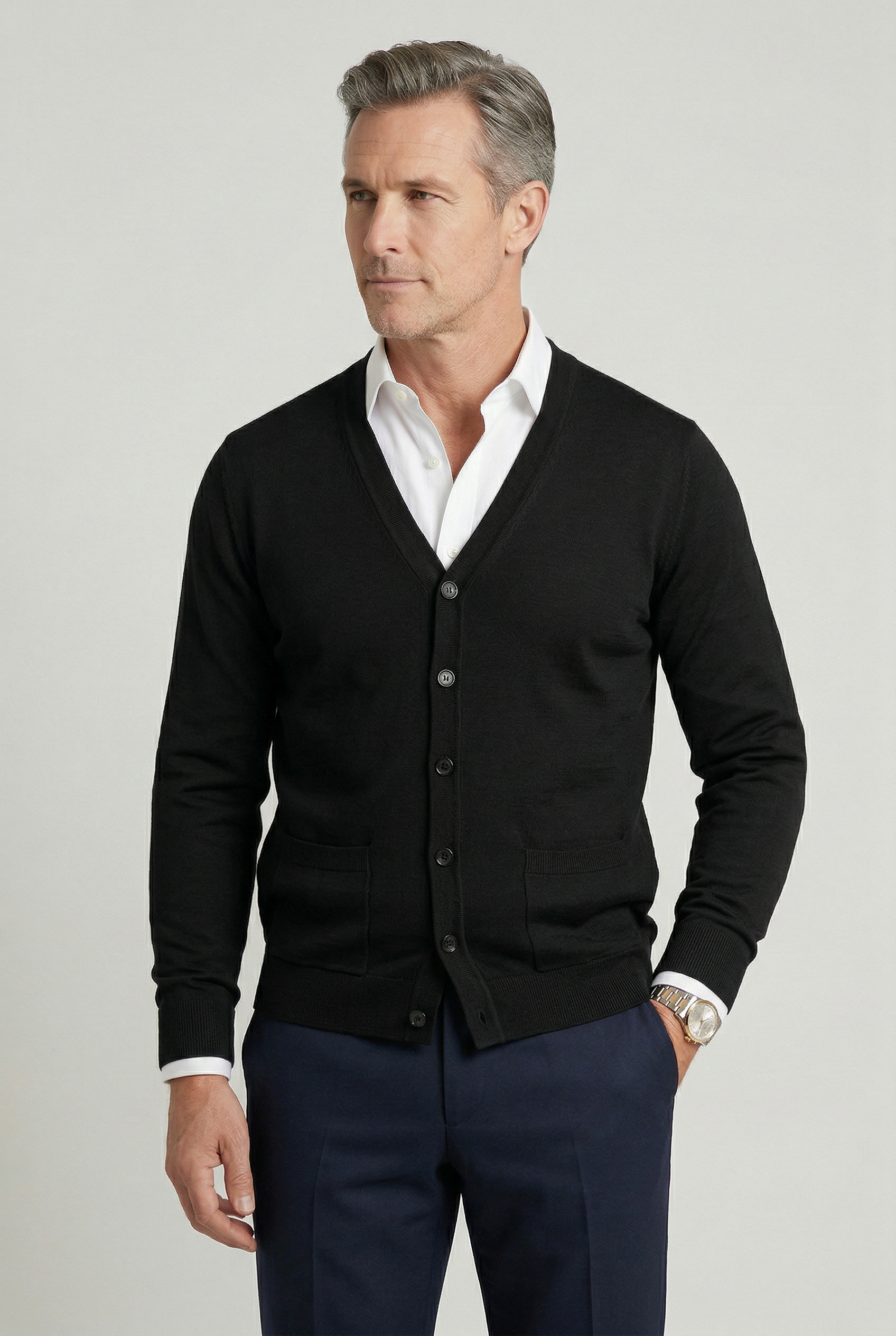 Men's V-neck button-front cardigan in black, long sleeves and button placket